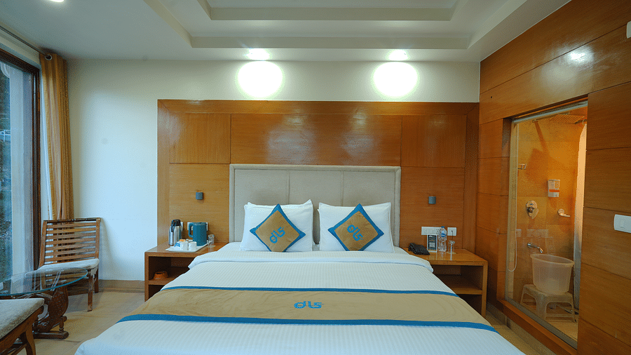 A room featuring a bed and white lights illuminating from the ceiling at DLS Hotels The Rock Castle.